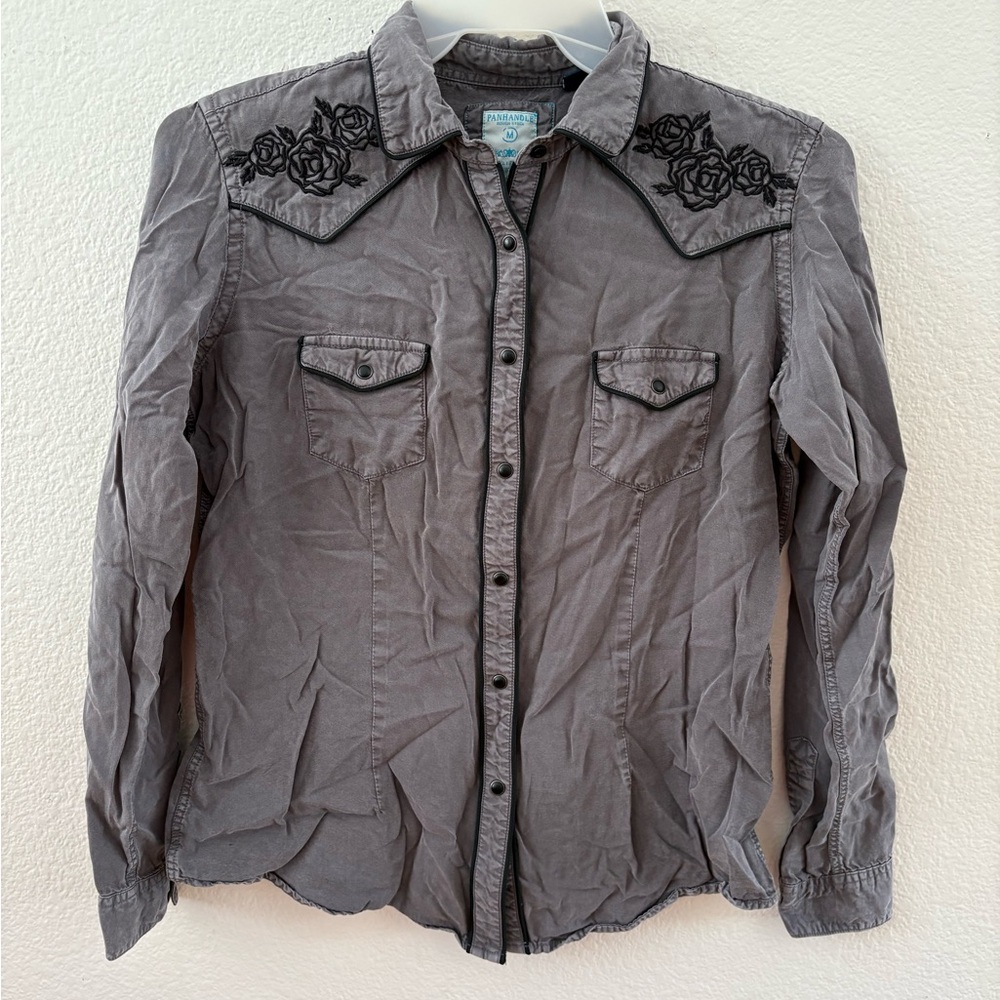 Panhandle Slim rough stock rose embroidered grey snap up shirt tencel SZ M